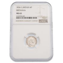 1836 King William IV silver Fourpence 4p, reintroduced in this year, graded MS 63 by NGC. Obverse...
