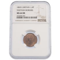 1860 Queen Victoria bronze Farthing 1/4p toothed borders coin graded MS 64 BN by NGC (S 3958). Ob...