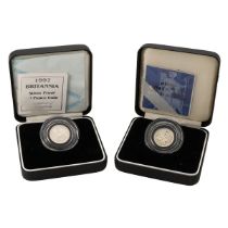 Two (2) tenth ounce Britannia 20p 958 silver proof coins in original Royal Mint packaging with CO...