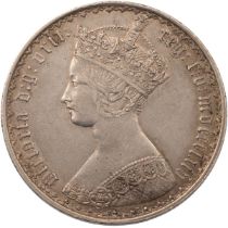 1864 Queen Victoria type B2 'Gothic' Florin designed by William Wyon (S 3892). Obverse: elaborate...