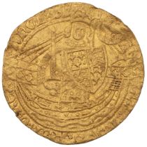 1361 King Edward III, transitional treaty period hammered gold Half Noble (S 1500, North 1223). O...