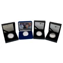 Four (4) silver proof £5 Crown coins from The Royal Mint in their original presentation boxes. In...