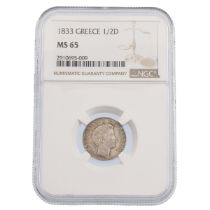 1833 Greek King Otto Munich mint silver Half Drachma (1/2D) coin graded MS 65 by NGC (KM 19). Obv...