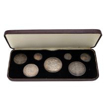 1887 Queen Victoria Golden Jubilee silver seven-coin specimen set in fitted case. Includes (1) 18...