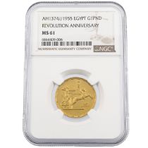 1955 (1374) Egypt gold Revolutionary Anniversary Pound coin graded MS 61 by NGC (KM 387). Obverse...