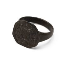 Bronze merchants ring with inscribed cross keys motif and scroll design on a chamfered square pan...
