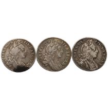 Three (3) King William III silver London Tower mint Sixpences, dated 1696 and 1697. Includes (1) ...