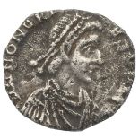 393-423 AD Honorius silver AR Half Siliqua, rare, uncertain mint. Obverse: pearl diademed bust, d...