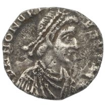 393-423 AD Honorius silver AR Half Siliqua, rare, uncertain mint. Obverse: pearl diademed bust, d...