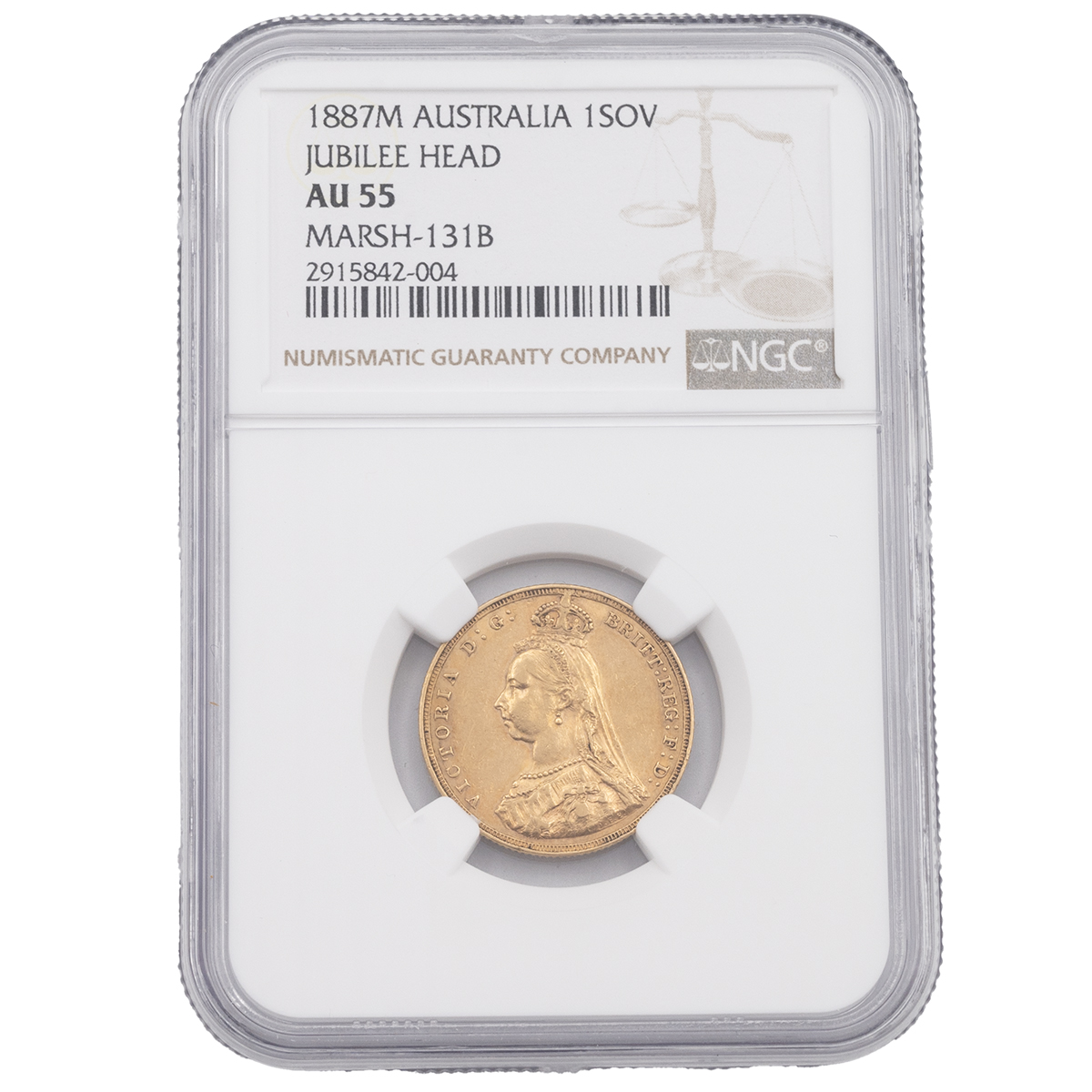 1887M Melbourne gold 'Hooked J' Sovereign graded AU 55 by NGC (Marsh 131B, S 3867). Obverse: 'Jub...