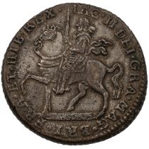 1690 King James II Irish Halfcrown-type brass Gun Money Crown coin (S 6578). Obverse: armoured so...