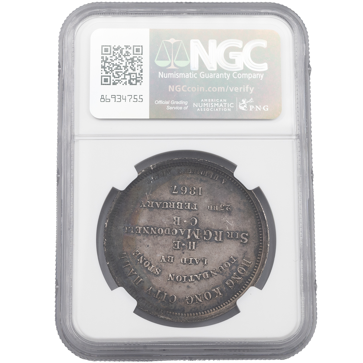 1867 Hong Kong Mint Queen Victoria 'City Hall' medallic silver Dollar graded AU DETAILS by NGC. O... - Image 3 of 4