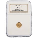 1853-O US New Orleans mint gold $1 graded MS 61 by NGC, offered in holder. Obverse: left-facing L...