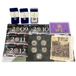 Five (6) base metal collector's coins, medals and sets. Includes (1) Pobjoy Mint Isle of Man vire...