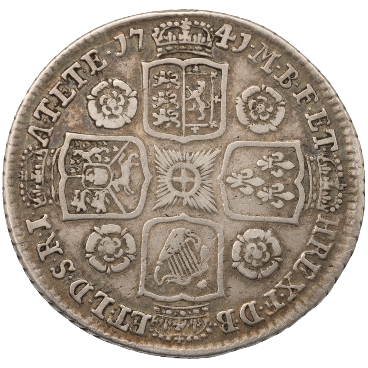 1741 King George II silver Shilling with roses in the angles on the reverse (S 3701). Obverse: yo... - Image 2 of 2