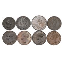 Eight (8) copper Halfpennies of King George I, King George II, King George III and Queen Victoria...