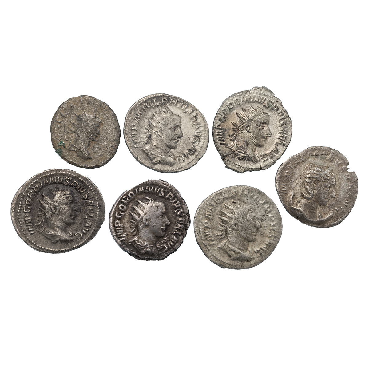 Seven (7) 3rd century Roman silver AR Antoniniani, various Emperors, mints and grades. Weight: 26...