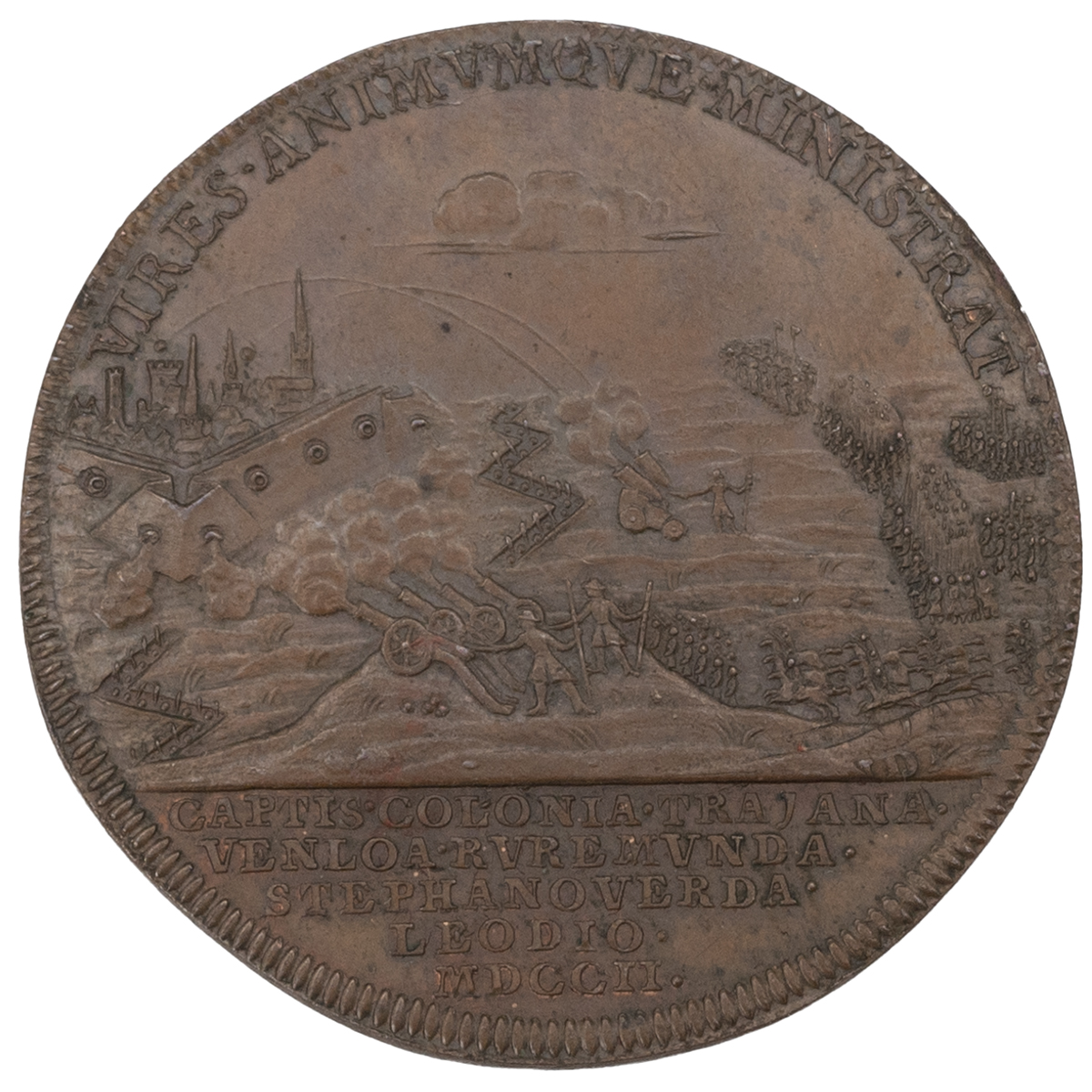 1702 Anne bronze medal celebrating the capitulation of towns on the River Meuse (Eimer 396). Obve... - Image 2 of 2