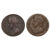 Two (2) 1670s King Charles II early milled copper Farthings (S 3394). Includes (1) 1674 Farthing,...