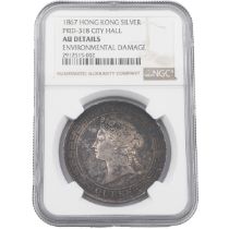 1867 Hong Kong Mint Queen Victoria 'City Hall' medallic silver Dollar graded AU DETAILS by NGC. O...
