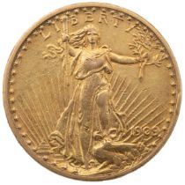 1909/8 overdate gold USA Double Eagle $20 Saint Gaudens Philadelphia mint coin. Obverse: Lady Lib...