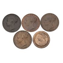 Five (5) Queen Victoria copper and bronze Farthings (S 3950/3958). Includes (1) 1839 Farthing, F,...