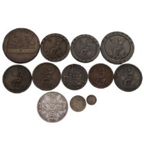 Twelve (12) late 18th and 19th century silver and copper coins and a token. Includes (1) 1797 Kin...
