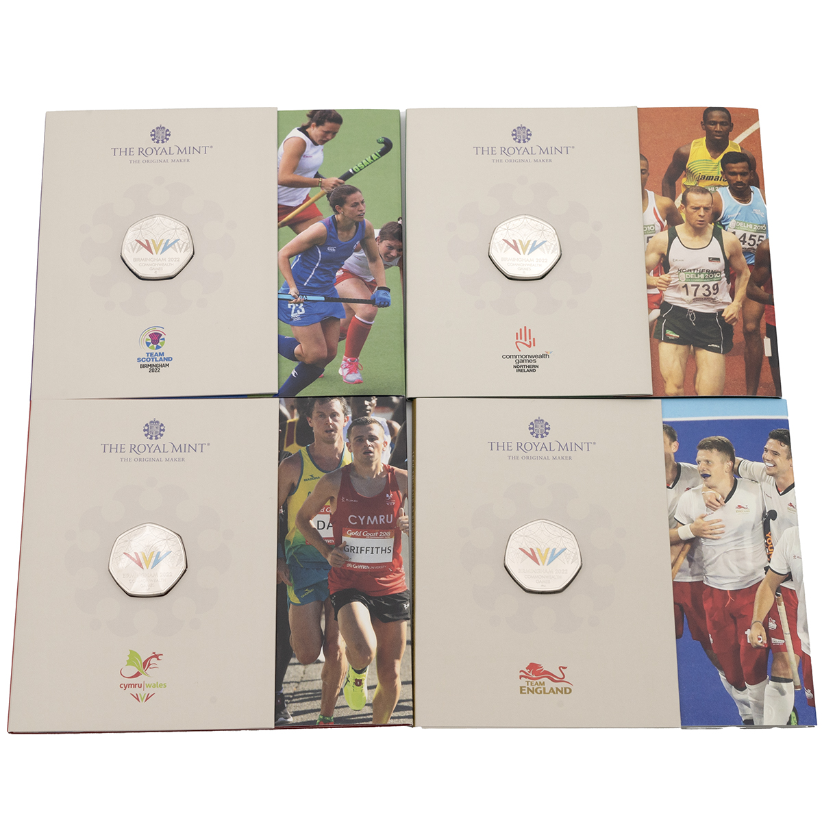 2022 Birmingham Commonwealth Games set of four BU coins with colour printing in original folder. ...