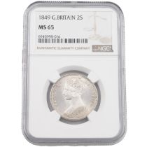 1849 Queen Victoria silver 'Godless' type A Florin or Two Shillings graded MS 65 by NGC (S 3890)....