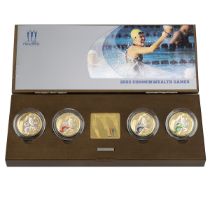 2002 XVII Commonwealth Games gold plated silver proof piedfort Royal Mint four-coin set. Includes...