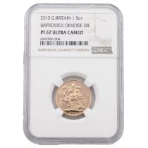 2015 gold proof Sovereign struck with an unfrosted obverse die and graded PF 67 Ultra Cameo. Obve...