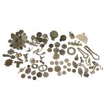 Mixed metal detecting finds including Roman bronzes, brooches, plenty of coins, pins, crotal bell...