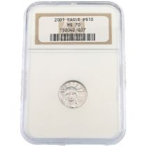 2001 United States $10 1/10oz platinum Statue of Liberty American Eagle bullion coin graded MS 70...