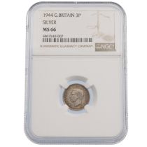 1944 Top Pop King George VI silver Threepence coin graded MS 66 by NGC (S 4085, ESC 2158). Obvers...