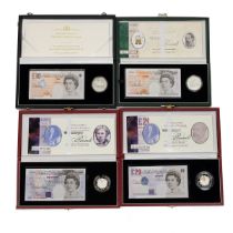 Four (4) Royal Mint silver proof coin and Bank of England note commemorative collectors sets. Inc...