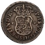 1746 King Philip V silver Half Real coin; final issue from the year of Felipe's death. Obverse: c...