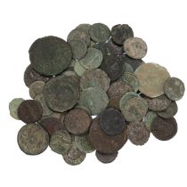 Fifty-four (54) Roman bronze coins, a mix of dates, grades, Emperors and denominations. Weight: 2...