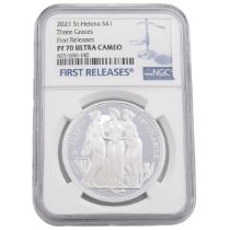 2021 Three Graces St Helena issue 1oz £1 silver proof coin graded PF 70 Ultra Cameo First Release...