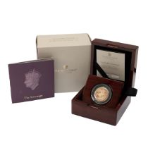 2023 low mintage King Charles III proof piedfort Sovereign with crowned royal portrait. Obverse: ...