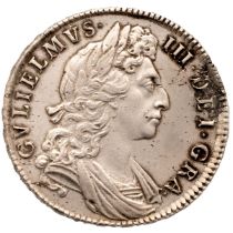1698 King William III ex-mount silver Halfcrown with DECIMO edge and large shields (S 3494). Obve...