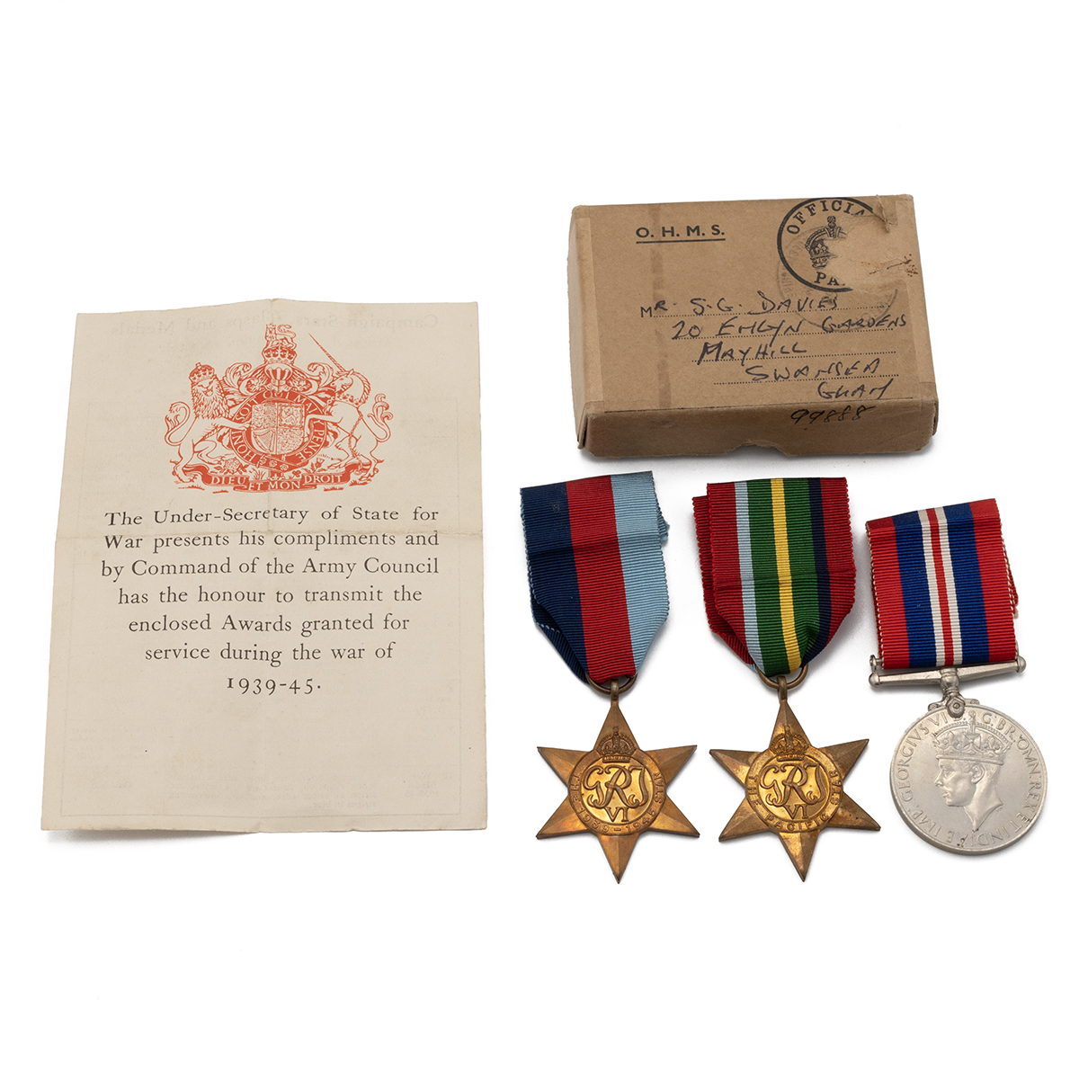 Medals (3) of S.G. Davies. 1939-1945 Star, Pacific Star, and War Medal 1939-1945. Sold with Army ...