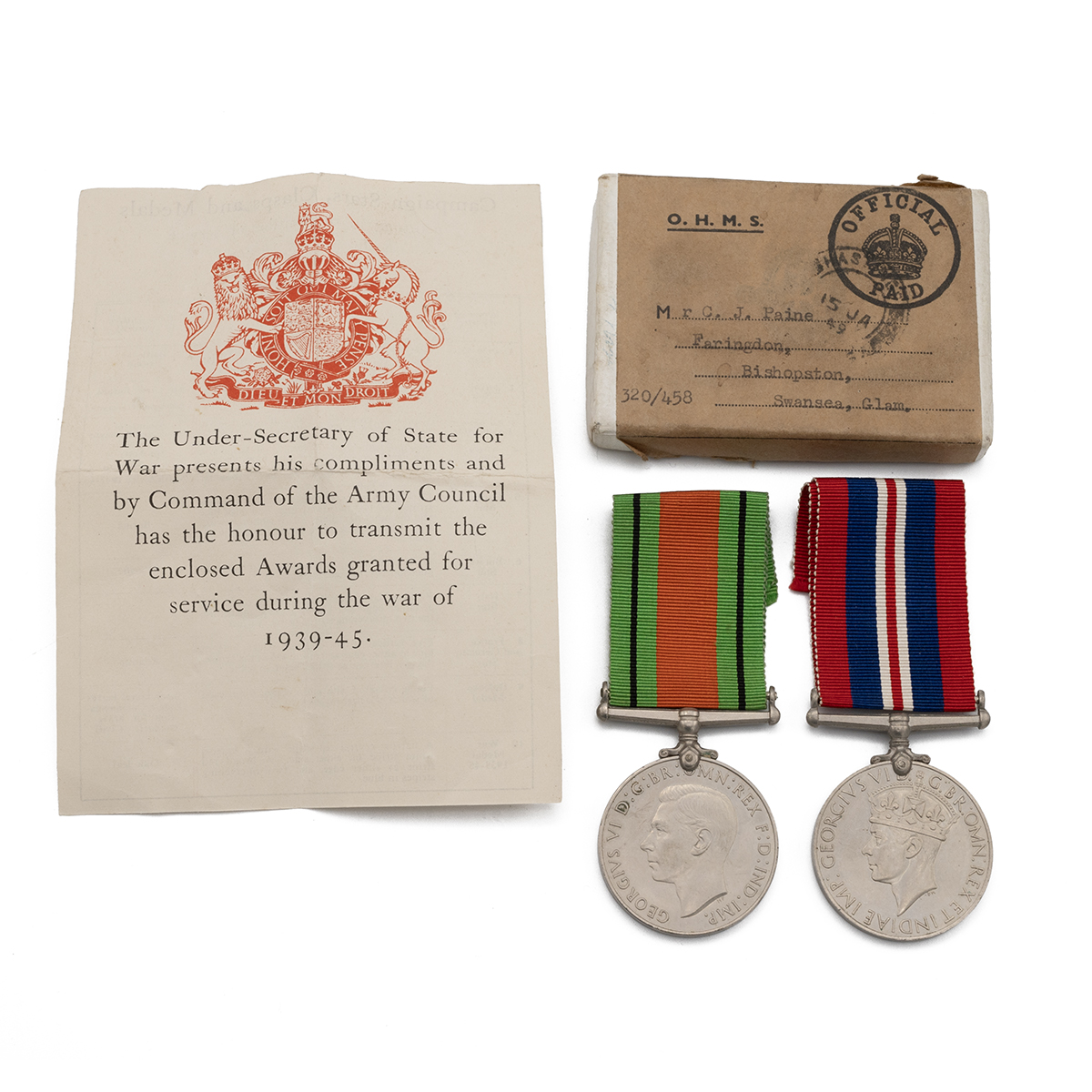 Medals (2) of C.J. Paine of R.A.S.C. & A.C.C. Defence Medal 1939-1945, and War Medal 1939-1945. S...