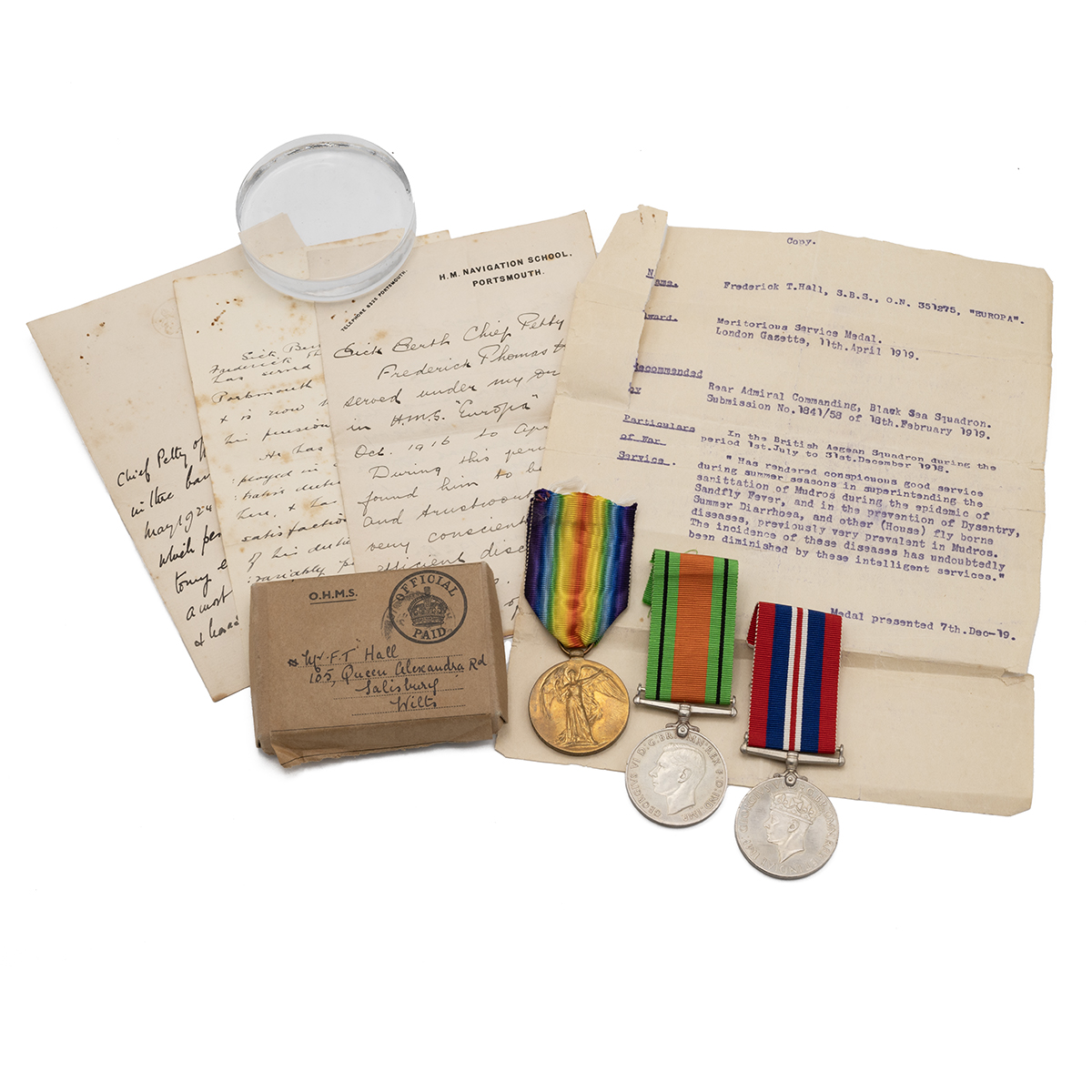 Medals (3) of 351275 Sick Berth Steward Frederick Thomas Hall M.S.M. R.N. Allied Victory Medal 19...