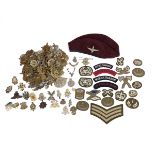 Large group of British Army cap badges, UK and US cloth patches and beret with Parachute Regiment...