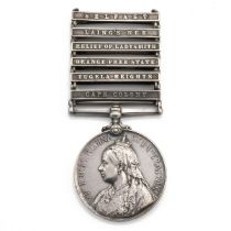 Queen's South Africa Medal with clasps 'Belfast', 'Laing's Nek', 'Relief of Ladysmith', 'Orange F...