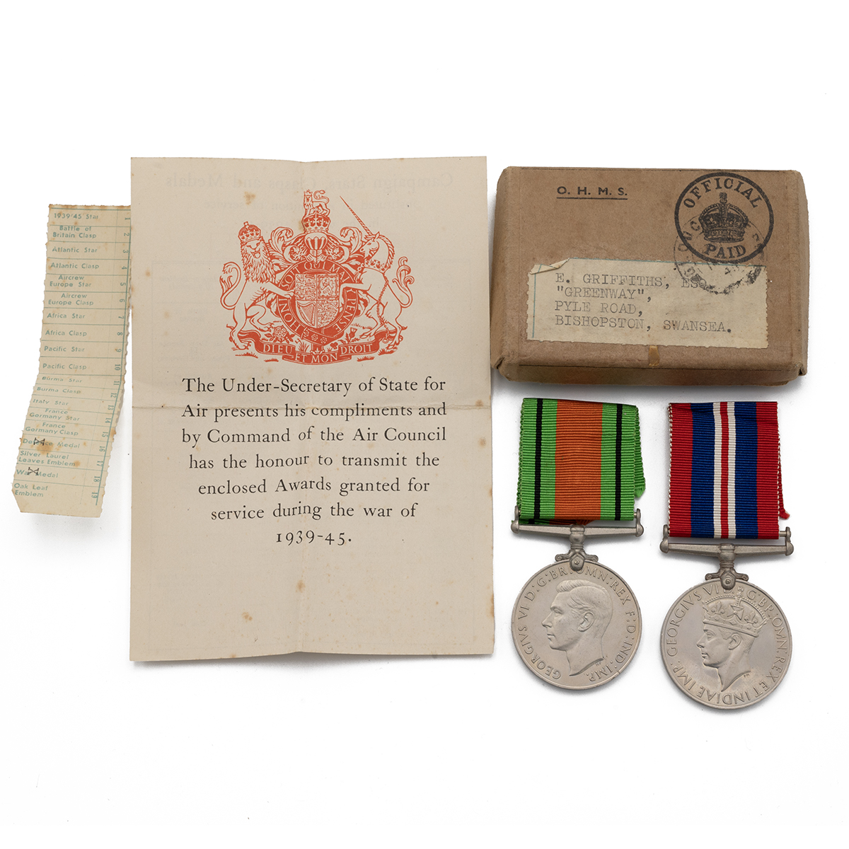 Medals (2) of E. Griffiths R.A.F. Defence Medal 1939-1945, and War Medal 1939-1945. Sold with Air...
