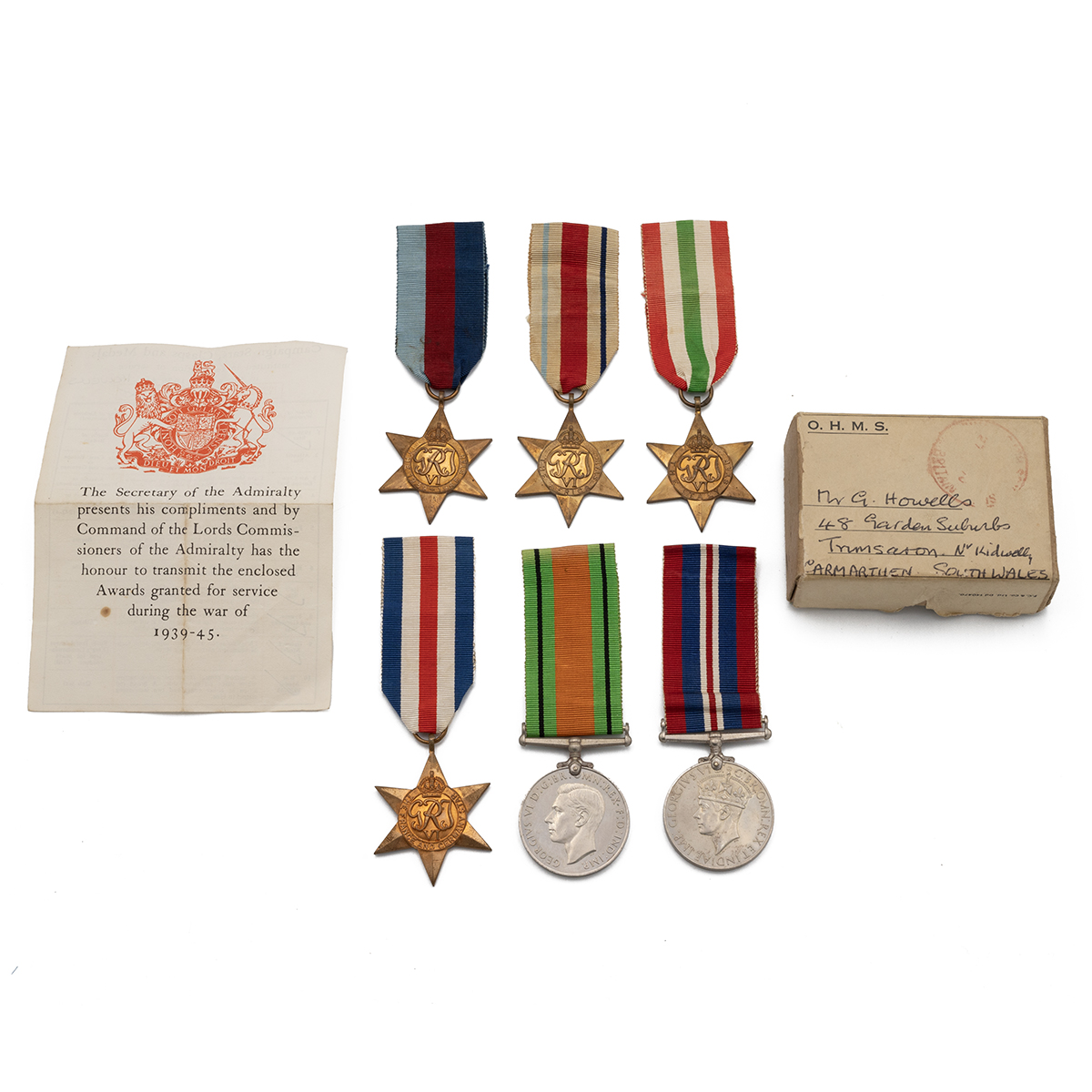 Medals (6) of G. Howells R.N. 1939-1945 Star, Africa Star, Italy Star, France & Germany Star, Def...