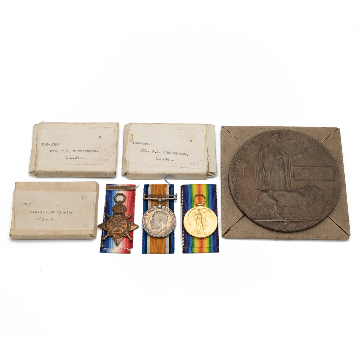 Medals (3) of 6282 Private John Sydney Burrington of the 1st King's Dragoon Guards. 1914 Star & B...