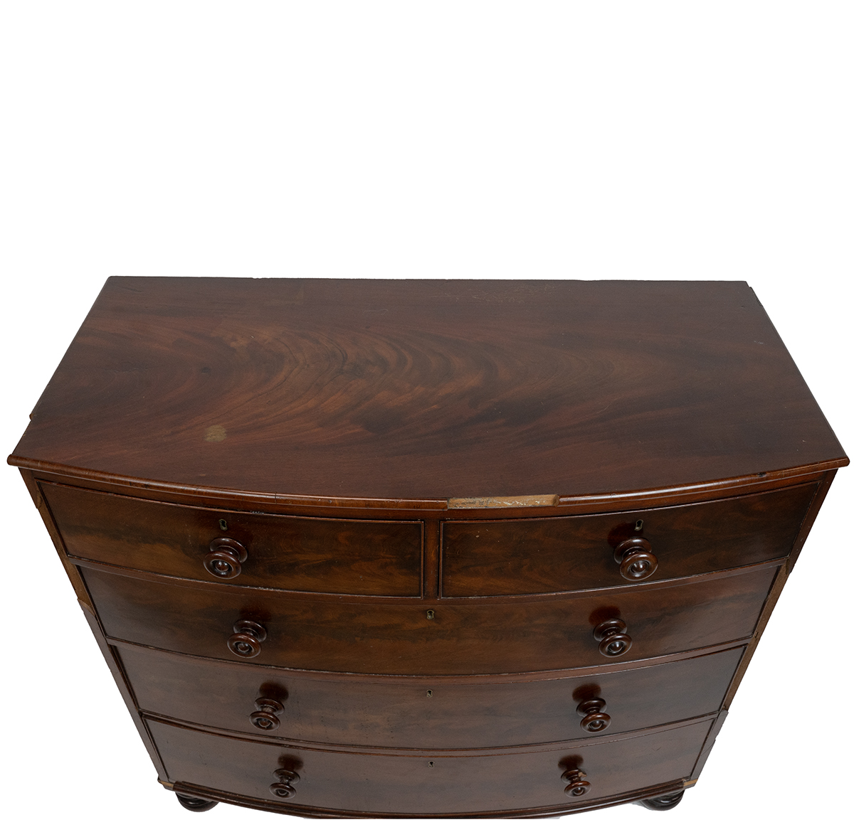 Mid Victorian Mahogany bow fronted chest of drawers. Two small over three long graduated drawers ... - Image 6 of 7