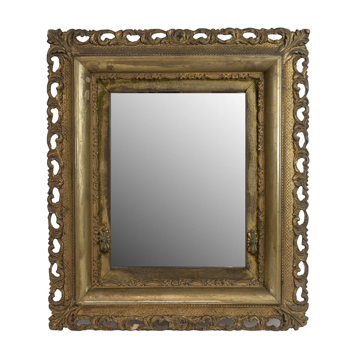 A 19th-century gilt-framed mirror with a pierced border and bevelled mirror plate, 74cm x 63cm.